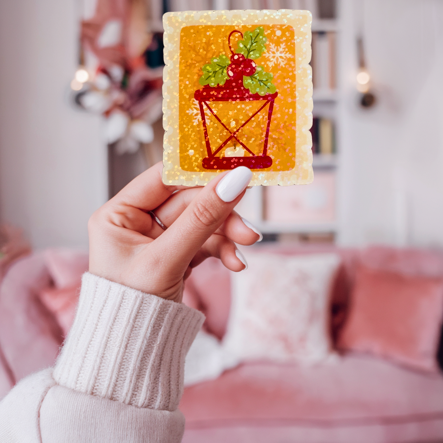 Christmas Lantern Postage Stamp Holographic Sticker