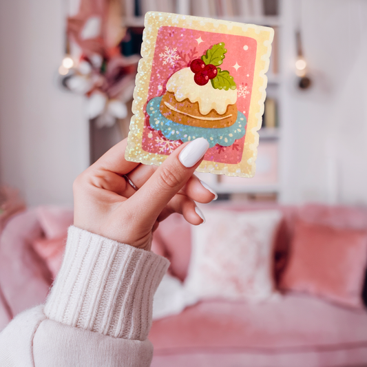 Christmas Pudding Postage Stamp Holographic Sticker