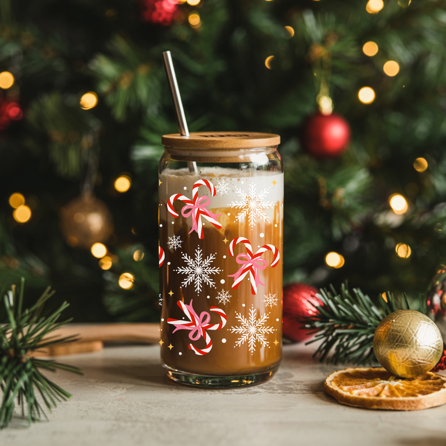Candy Canes & Snowflakes Glass Cup 16oz