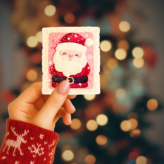 Pink Santa Postage Stamp Holographic Sticker