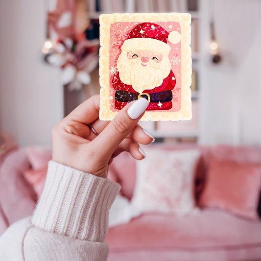 Pink Santa Postage Stamp Holographic Sticker