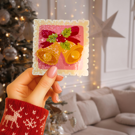 Christmas Bells Postage Stamp Holographic Sticker