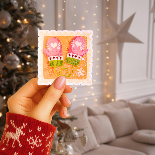 Winter Mittens Postage Stamp Holographic Sticker