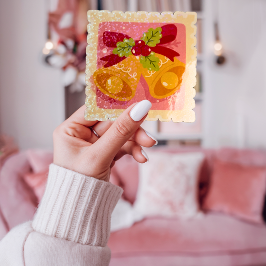 Christmas Bells Postage Stamp Holographic Sticker