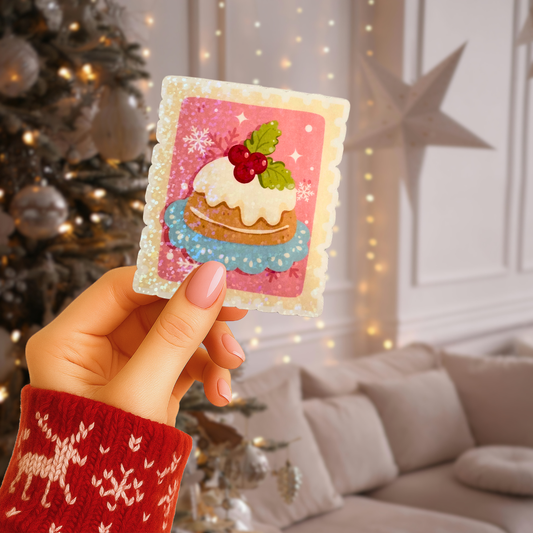 Christmas Pudding Postage Stamp Holographic Sticker