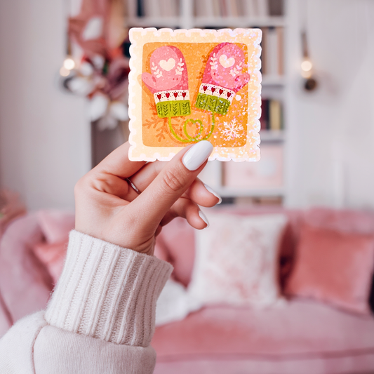 Winter Mittens Postage Stamp Holographic Sticker