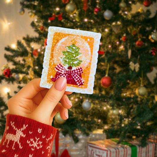 Christmas Tree Snowglobe Postage Stamp Holographic Sticker