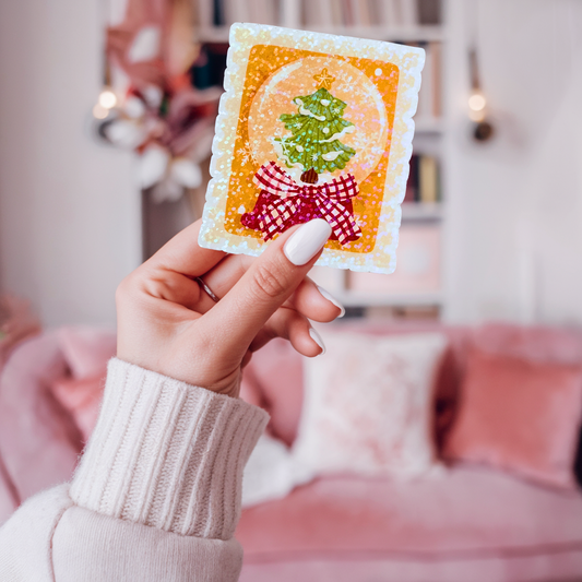Christmas Tree Snowglobe Postage Stamp Holographic Sticker
