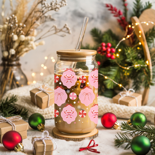 Candy Cane Bow Christmas Glass Cup 16oz