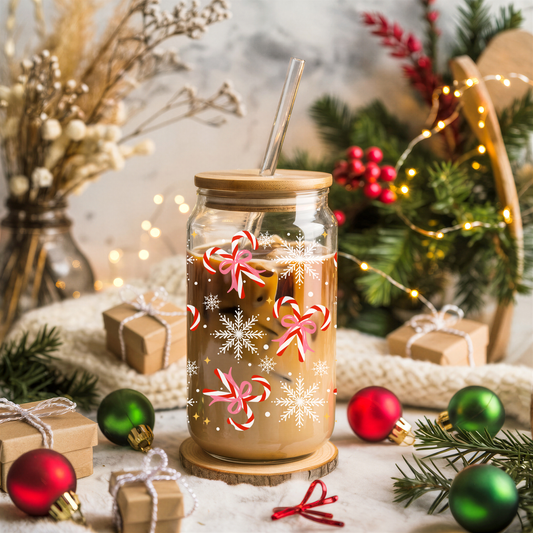 Candy Canes & Snowflakes Glass Cup 16oz