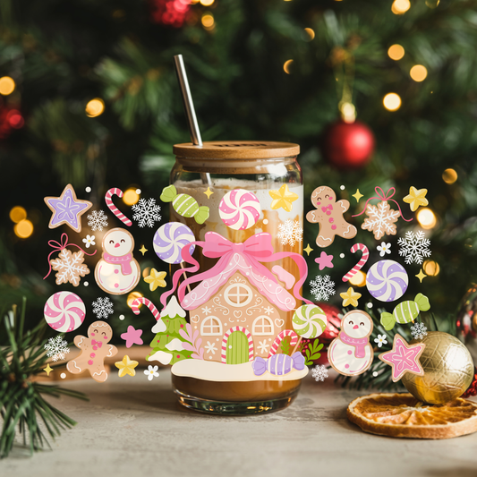 Pastel Gingerbread House 16oz Glass Cup