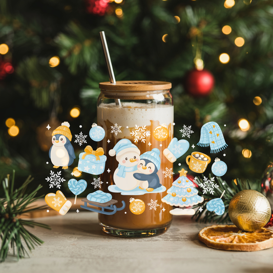 Penguin Hugs Christmas 16oz Glass Cup