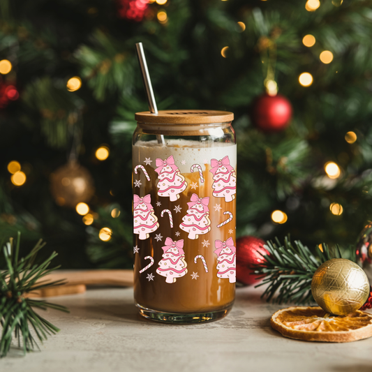 Pink Christmas Tree Bows 16oz Glass Cup