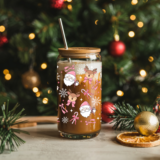 Pink Santa and Reindeer 16oz Glass Cup