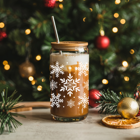 White Snowflake Christmas 16oz Glass Cup
