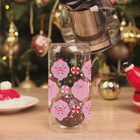 Candy Cane Bow Christmas Glass Cup 16oz