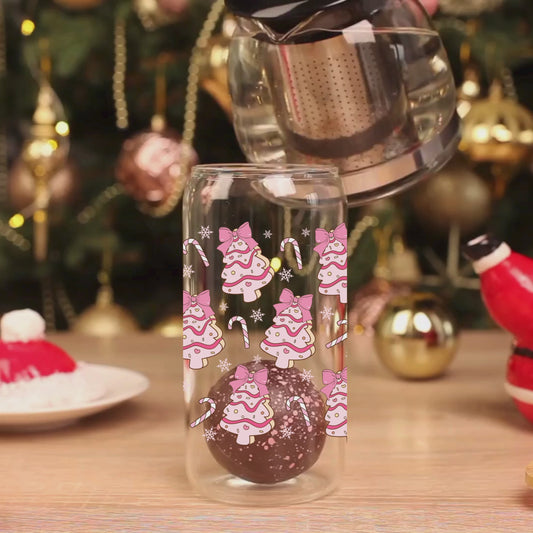 Pink Christmas Tree Bows 16oz Glass Cup