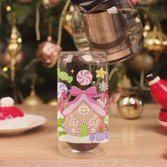 Pastel Gingerbread House 16oz Glass Cup