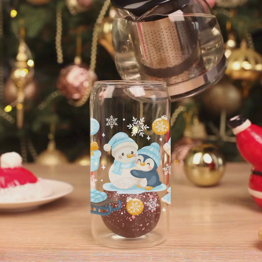 Penguin Hugs Christmas 16oz Glass Cup
